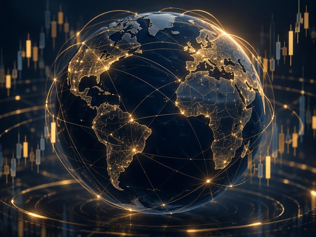كرة أرضية مضيئة بشبكات اتصال ترمز إلى الأسواق العالمية وعقود الفروقات